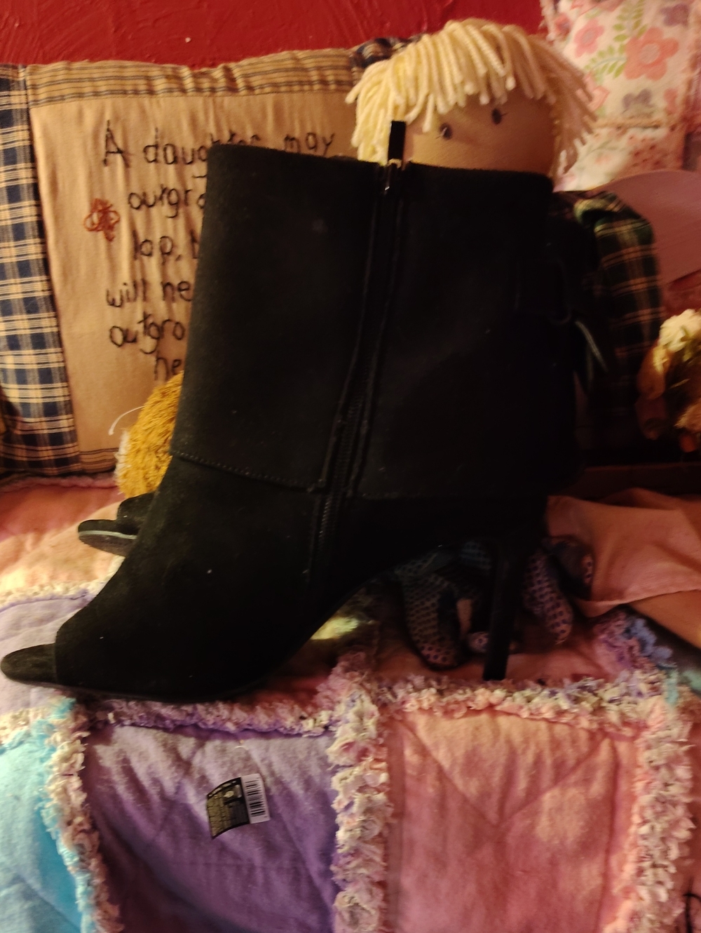 Black Suede Peep-Toe Stiletto Bootie